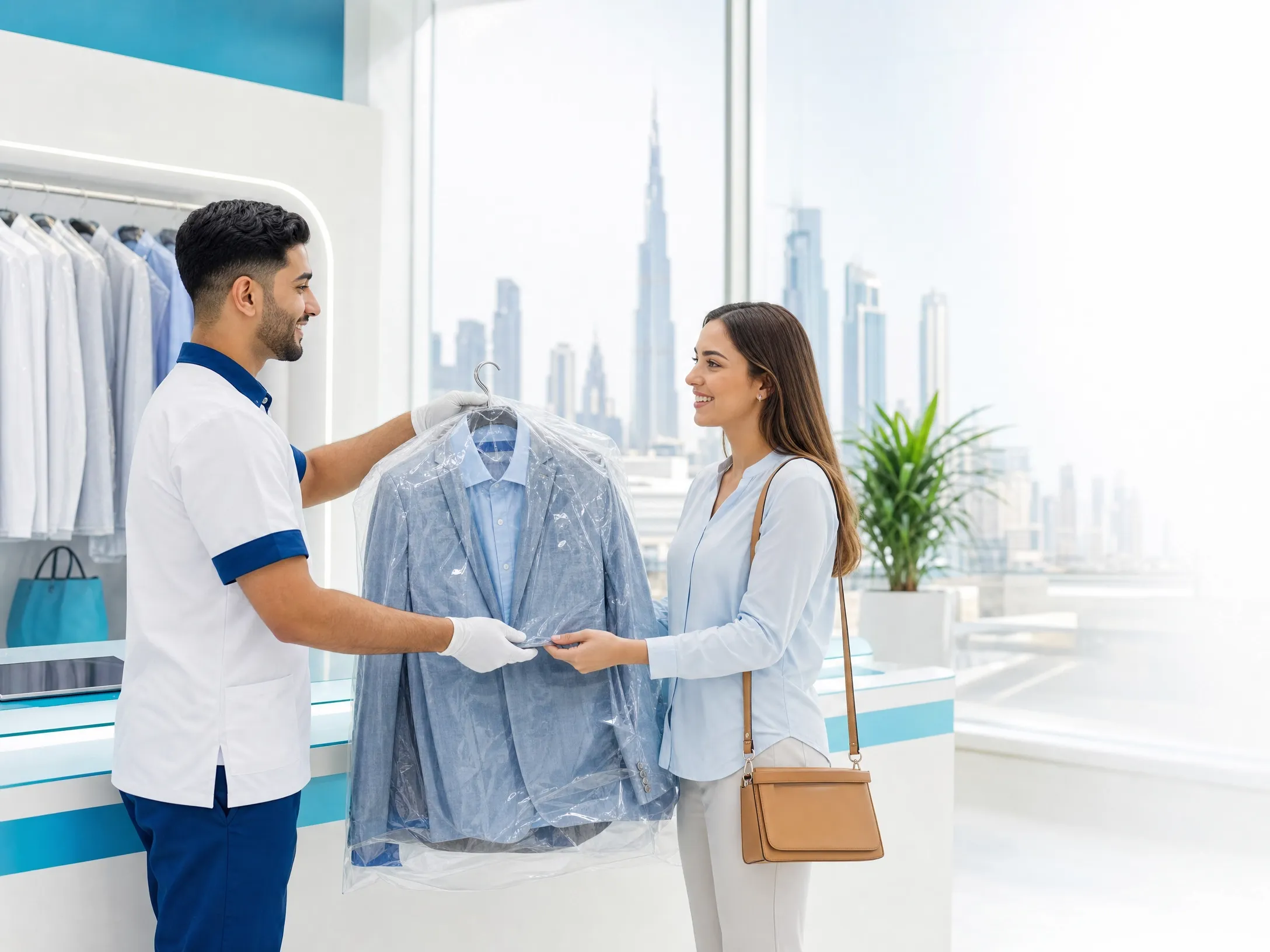 Sindibad Laundry staff member handing a freshly dry-cleaned jacket to a customer, with the Dubai skyline behind